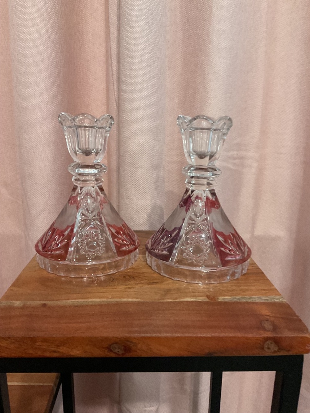 Vintage Anna Hutte Ruby Red Lead Crystal Candlestick Holders Pair